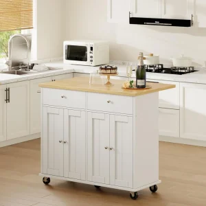 Rolling Kitchen Island with Drop Leaf and Storage,